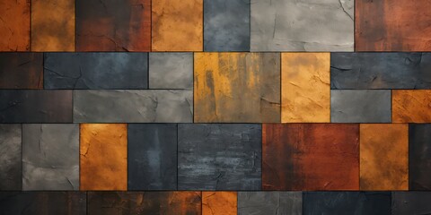 Retro palette of colors with a black, dark blue, gray, copper, red, brown, burnt orange, gold, and yellow abstract background. This design showcases a seamless color gradient with geometric shapes.