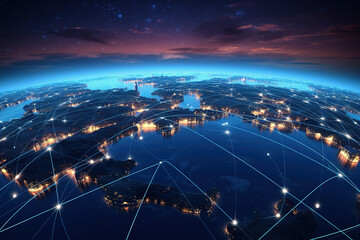 Connection lines around the Earth's surface, future technology backdrop with circles and lines. Internet, social media, travel, or logistical concepts.