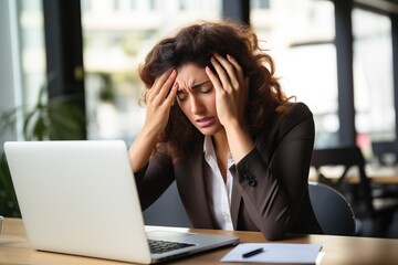 Worried businesswoman sitting at table with laptop in office. Tired businesswoman having headache.