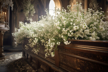 Fototapeta na wymiar Coffin in the church with white flowers. Funeral ceremony.