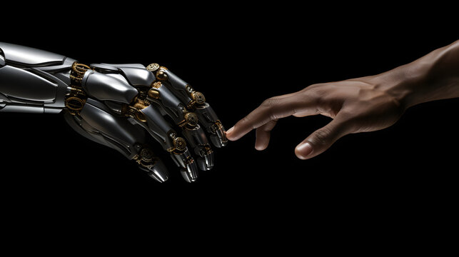 Human and robot hands make contact, fingertips connecting. A powerful image of man and machine united. The synergy of technology and humanity. Advanced future.