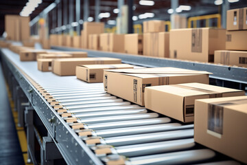Closeup of multiple cardboard box packages seamlessly moving along a conveyor belt in a warehouse fulfillment center, a snapshot of e-commerce, delivery, automation and products.