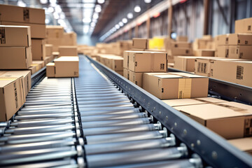 Closeup of multiple cardboard box packages seamlessly moving along a conveyor belt in a warehouse fulfillment center, a snapshot of e-commerce, delivery, automation and products.