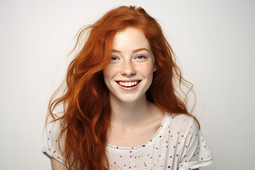 Fototapeta premium Closeup of happy attractive young woman with long wavy red hair and freckles wears stylish t shirt looks happy and smiling isolated over background