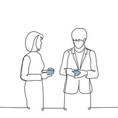 a woman and a man in office clothes stand next to each other holding cups of coffee or tea - one line art vector. concept opposite-sex colleagues at a coffee break