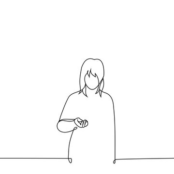 recommend clip art: woman stands with an outstretched hand or looks at a change in his hand - one line art vector. concept begging, counting change