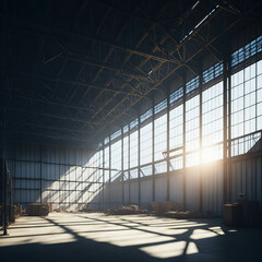 Large Empty Metal Hangar, Big Windows With Sunrays Trough Dust, Generative AI