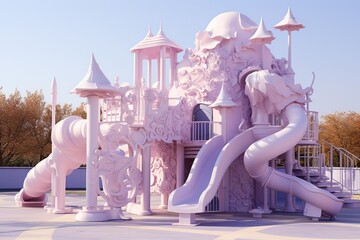 A modern children's playground in the form of a fairy-tale lilac castle. Children's entertainment concept. Generated by artificial intelligence - obrazy, fototapety, plakaty