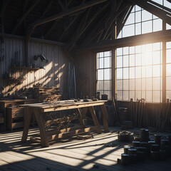 Woodworking Hangar With Workbench, Wooden Planks, Large Windows With Sun Light, Generative Ai - obrazy, fototapety, plakaty