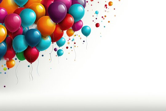 An abstract and versatile background image for creative content, showcasing colorful balloons in one corner and leaving room for customization against a white background. Photorealistic illustration