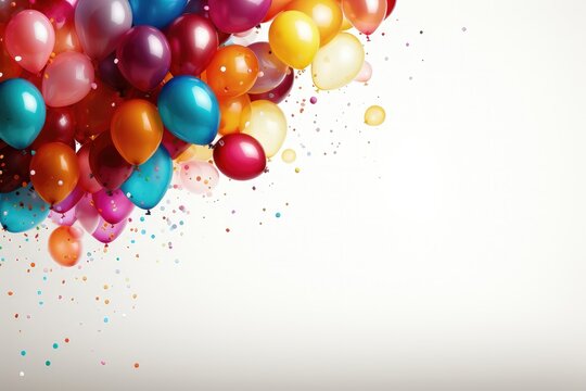 An abstract and visually engaging background image for creative content, showcasing colorful balloons in one corner against a clean white background. Photorealistic illustration
