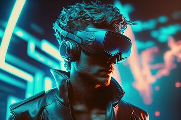 Futuristic man in virtual reality headset in cyberspace. AI generated