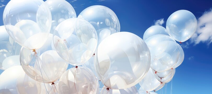 An abstract and visually pleasing wide-format background image for creative content, featuring clear white balloons set against a bright blue sky. Photorealistic illustration