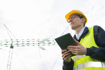 Engineer with digital tablet on a background of power line tower.