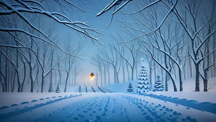 A serene winter landscape showcases a cozy cabin amidst snow-covered trees, illuminated street lamps, and a decorative snow-covered pine tree, seasonal concept