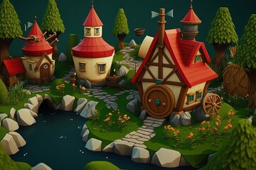 Fairy-tale houses with red roofs by the river. Town of gnomes. AI generated
