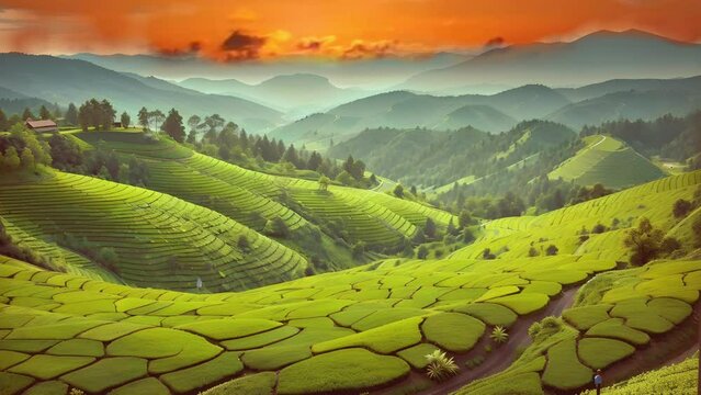 The vibrant green of the tea fields and the deep black of the asphalt road create a beautiful contrast