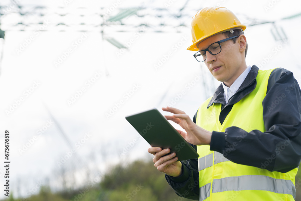 Aufkleber Engineer with digital tablet on a background of power line tower.