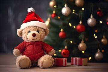 Cozy Room with Bear Doll and Christmas Tree in Soft Natural Lighting.