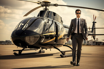 Businessman private helicopter transport