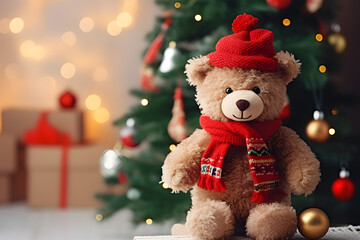 Cozy Room with Bear Doll and Christmas Tree in Soft Natural Lighting.