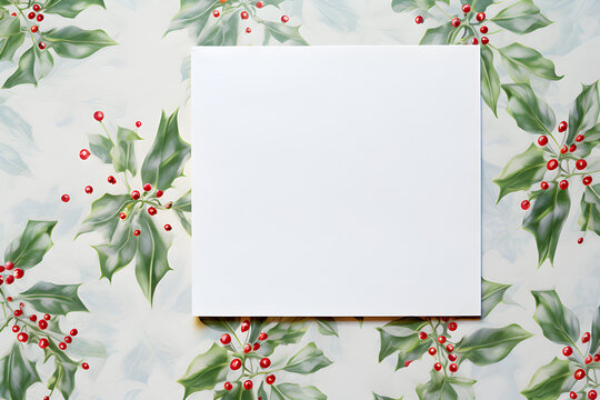 a blank square paper greeting card, on a bright early morning frosty mistletoe pattern Christmas.