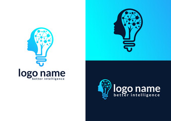 Vector lightbulb with human face and digital brain logo design concept