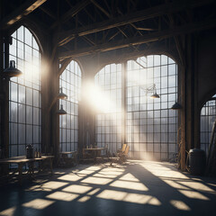 Old Beer Or Wiskey Brewery Factory, Large Metal Hangar Interior, Windows With Sun Rays, Dust, Generative AI