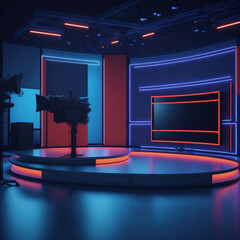 TV or Cable New Live Studio Set Interior, Empty  News Or Show Setup,  Round With Futuristic Elements and Spot Lights, Led Strips And Monitors, Generative Ai