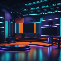 TV or Cable New Live Studio Set Interior, Empty  News Or Show Setup,  Round With Futuristic Elements and Spot Lights, Led Strips And Monitors, Generative Ai