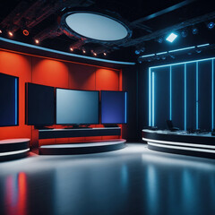 TV or Cable New Live Studio Set Interior, Empty  News Or Show Setup,  Round With Futuristic Elements and Spot Lights, Led Strips And Monitors, Generative Ai