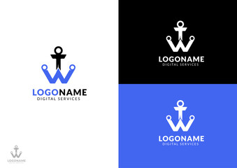 Vector w letter anchor logo design concept