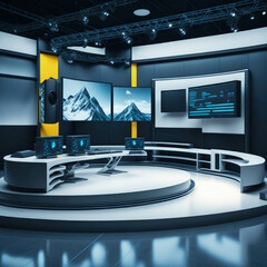 TV or Cable New Live Studio Set Interior, Empty  News Or Show Setup,  Round With Futuristic Elements and Spot Lights, Led Strips And Monitors, Generative Ai