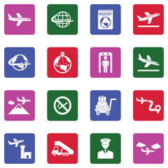 Plane Travel Icons. White Flat Design In Square. Vector Illustration.