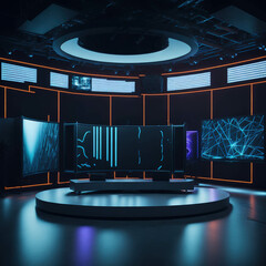 TV or Cable New Live Studio Set Interior, Empty  News Or Show Setup,  Round With Futuristic Elements and Spot Lights, Led Strips And Monitors, Generative Ai