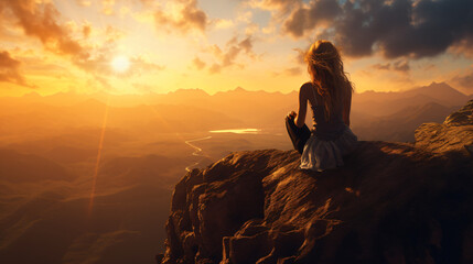 A woman sitting on the top of a mountain
