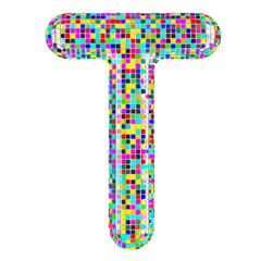 Mosaic font, letter T from vivid mosaic pieces. 3D rendering isolated on transparent background