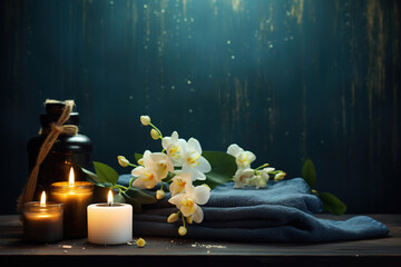 Beauty spa treatment background with candles on a dark background. Free space for your text.