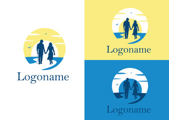 Vector couple walking on a path with sunset logo design concept