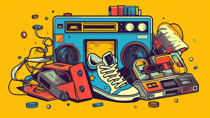 Design 80s-themed online clothing store logo , roller skates, cassette tapes.