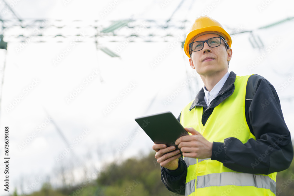 Poster Engineer with digital tablet on a background of power line tower.