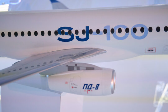 A model of a modern Russian aircraft SJ with a PD-8 engine - Moscow, Russia, November 05, 2023