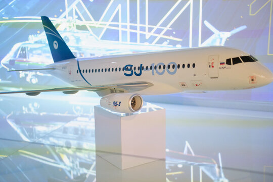 A model of a modern Russian aircraft SJ with a PD-8 engine - Moscow, Russia, November 05, 2023