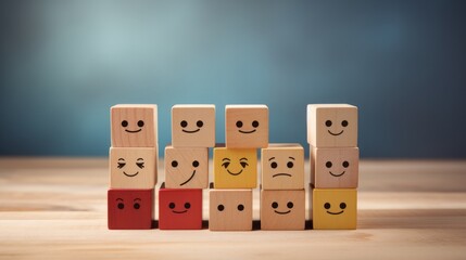 world mental health day concept or feedback rating and positive customer review, Businessman hand choose and turn sad face to smile face, wood cube stacking with sadness face icon on blue background