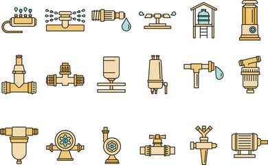 Agricultural irrigation system icon set. Outline set of agricultural irrigation system vector icons thin line color flat on white