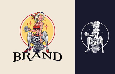 Naklejka premium Pin up girls logo design inspiration for garage repair service, apparel, logos, posters, and other, vector illustration