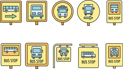 City bus stop sign icon set. Outline set of city bus stop sign vector icons thin line color flat on white