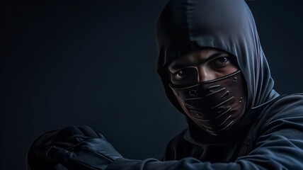 Assassin ninja in black clothes on dark background