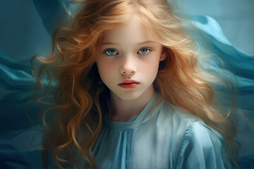 Fototapeta premium Portrait of a beautiful little girl with long curly hair. The girl is dressed in a blue dress.