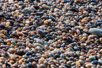 Wet rolled round Beach Pebbles stones, natural background, texture